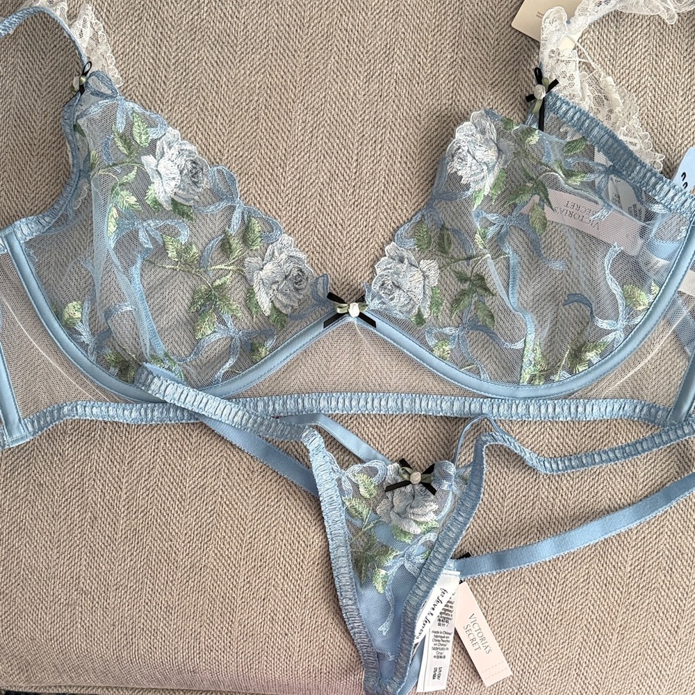 For Love And Lemons Blue and Green Floral Lace Bra Set